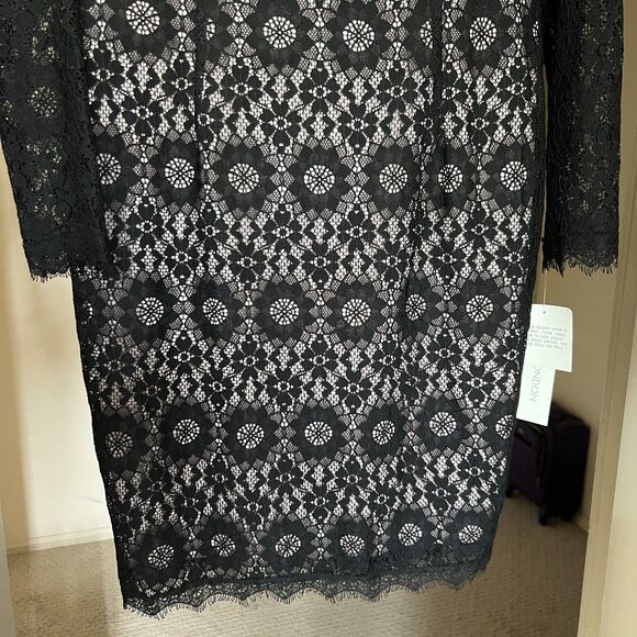 Maggy London Sheath Dress Size 10 Nude Black Lace Overlay Star Flower NWT - Picture 2 of 16